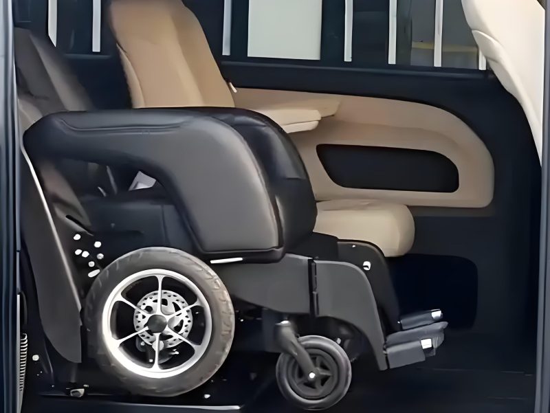 Wheelchair secured inside accessible vehicle