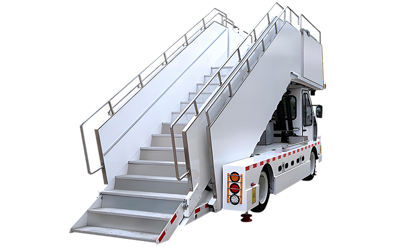 Electric passenger boarding stairs positioned at an aircraft door, allowing passengers to board