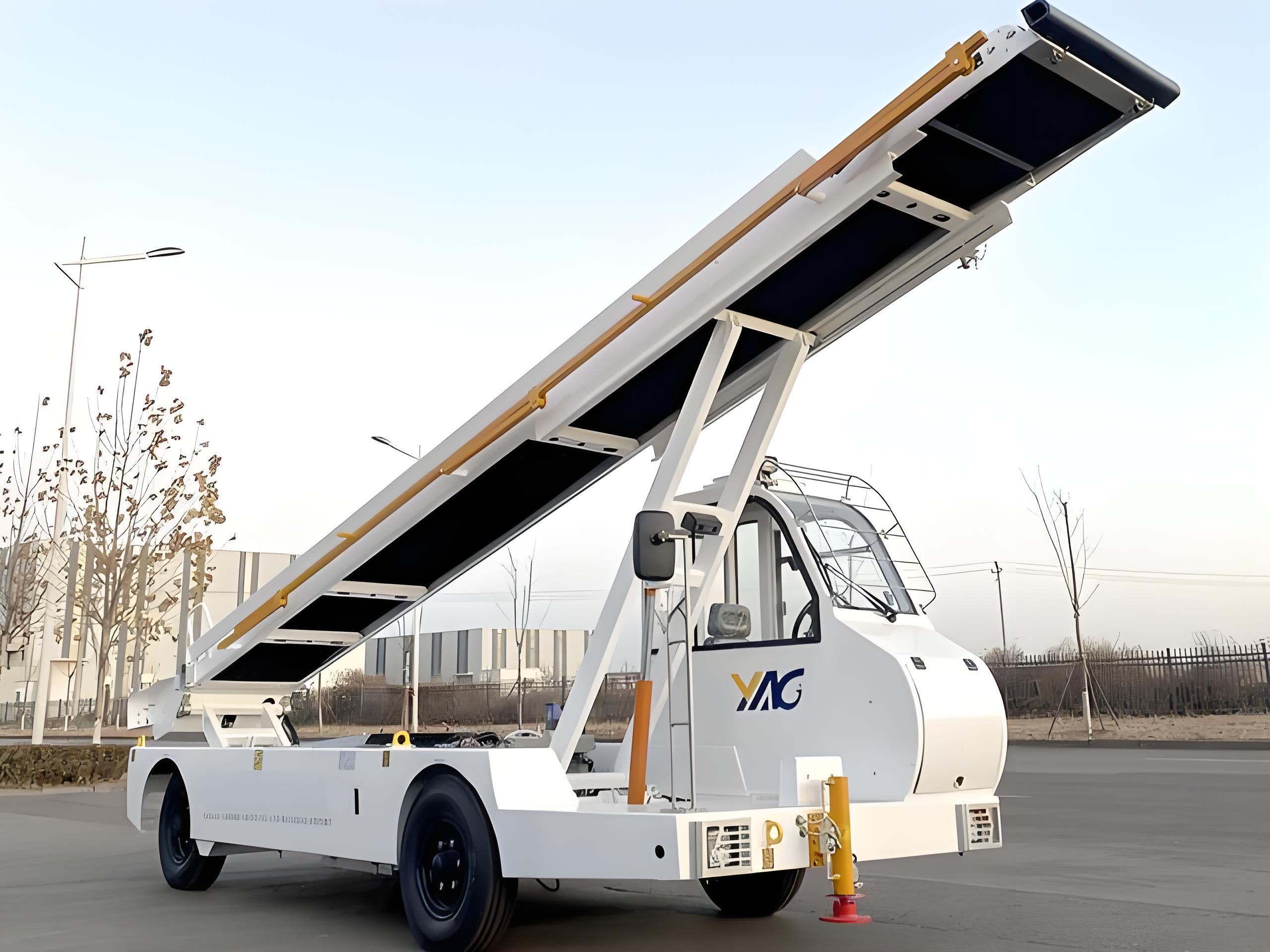 Electric bulk cargo loader transferring luggage and cargo to an aircraft's lower hold