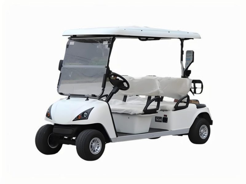 Electric golf cart with players on a golf course